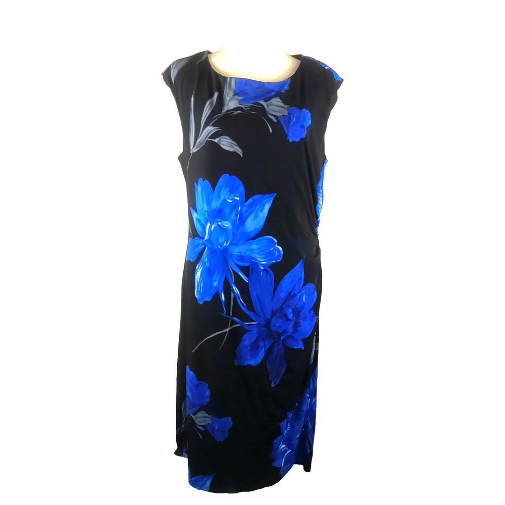 Cold Water Creek Women's Dress Size Large Black Blue Flowers Midi Length Sheath